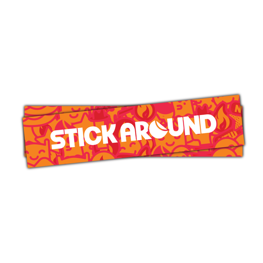 An image showing three stacked rectangular bumper stickers with a vibrant orange and red background featuring abstract patterns and doodles. The text "STICK AROUND" is prominently displayed in bold white font across the bumper stickers. The background has a fun and dynamic design.