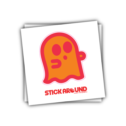 A square sticker features a simplistic orange ghost with pink outlines, eyes, and wavy base edges against a white background. Below the ghost, in red text, it reads "STICK AROUND" followed by "custom vinyl stickers" in smaller text. Perfect for promoting your brand or labeling your items!