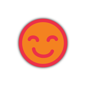 A round, orange smiley face outlined in red. The face features simple, curved lines for eyes and mouth, giving a cheerful expression. Perfect for custom Circle Stickers from our design team. The background is white.