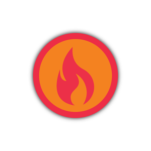 A circular icon featuring a stylized red flame in the center. The flame is set against an orange background, and the entire circle is outlined with a red border—perfect for Circle Stickers created by our design team.