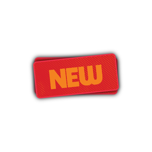A bold red rectangular label with the word "NEW" printed prominently in yellow, positioned slightly towards the left. The background has a subtle pattern of dots, creating a texture effect. Perfect for promoting products, this label appears to be stacked slightly off-center with another similar custom Rectangle Sticker.
