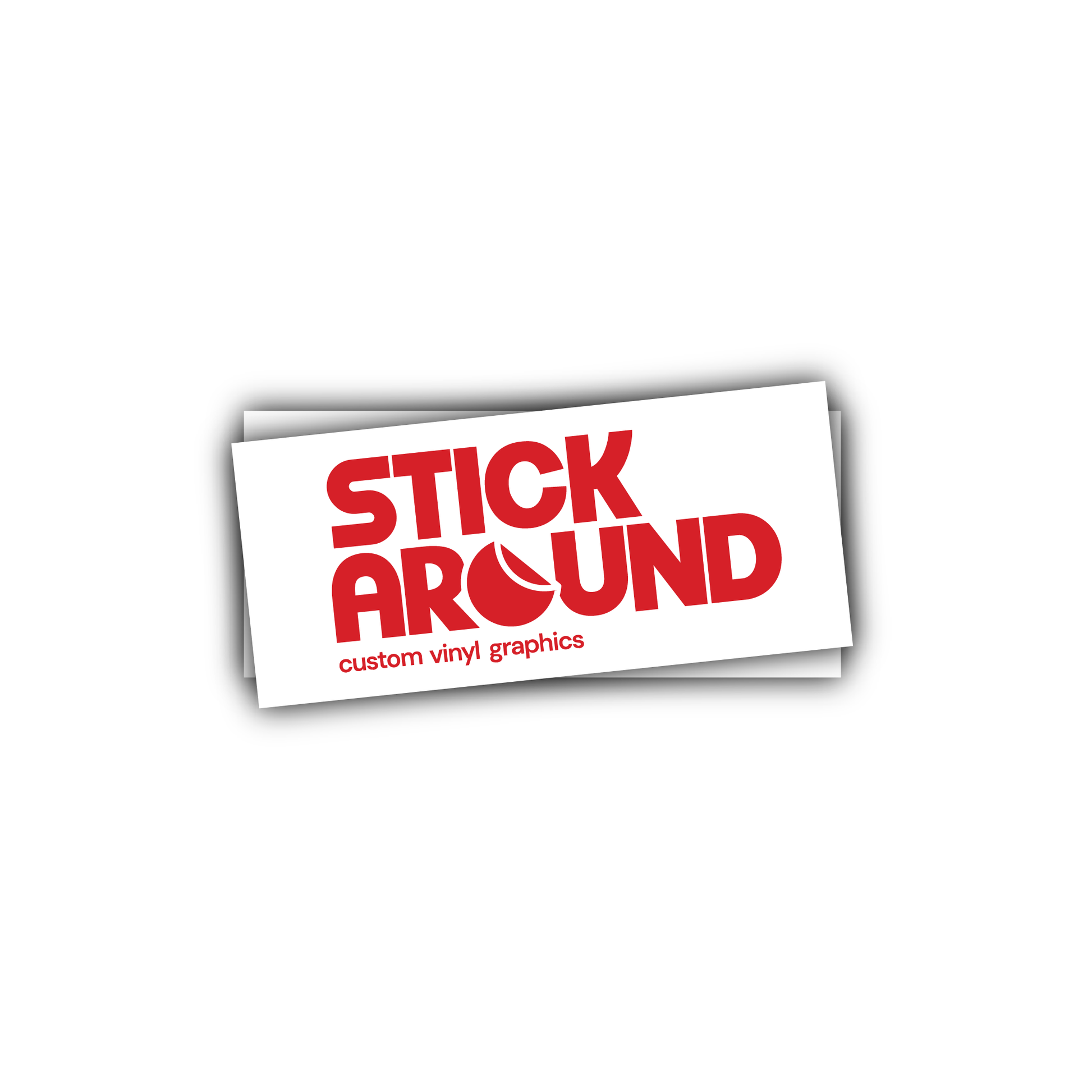A stack of white rectangular cards with the bold red text "STICK AROUND" and a partial circular design. Below the main text, in smaller, black letters, it says "Rectangle Stickers". The cards are slightly overlapping with a shadow effect, perfect for promoting your brand.