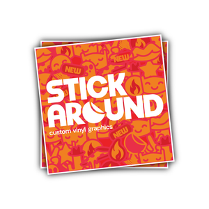 A colorful sticker shows the words "STICK AROUND" in bold white letters. The background features a pattern of various playful and vibrant icons in multiple places, perfect for labeling or promoting your custom vinyl stickers.